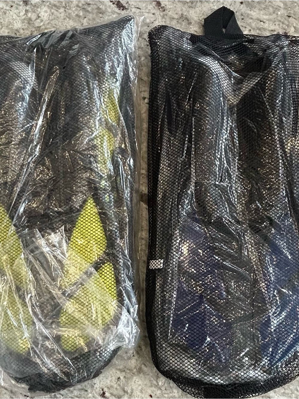 2-Sets of snorkel gear, with fins, mask and breathing tubes.